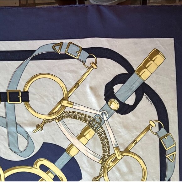 Vintage Hermes Pellier Paris Eperon d' Or Silk Scarf Blues with light Gray - Picture 2 of 16